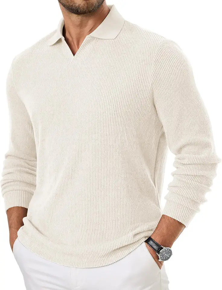 Long Sleeve Polo Shirts for Men Casual V Neck Textured Polo Shirt