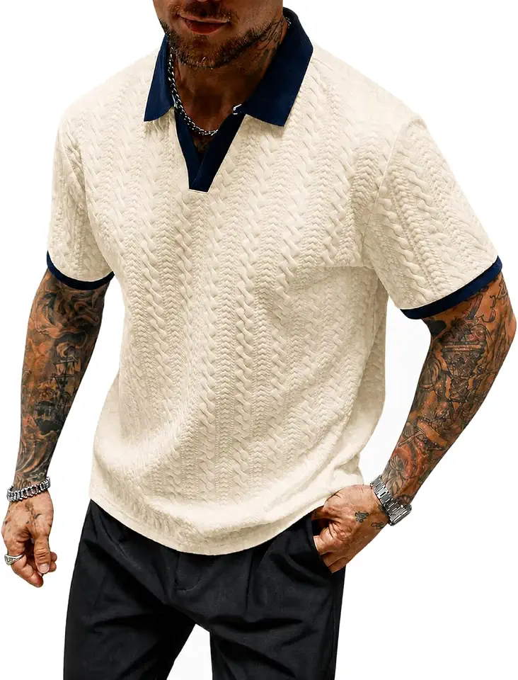 Polo Shirts for Men, Textured Short Sleeve Johnny Collar Top