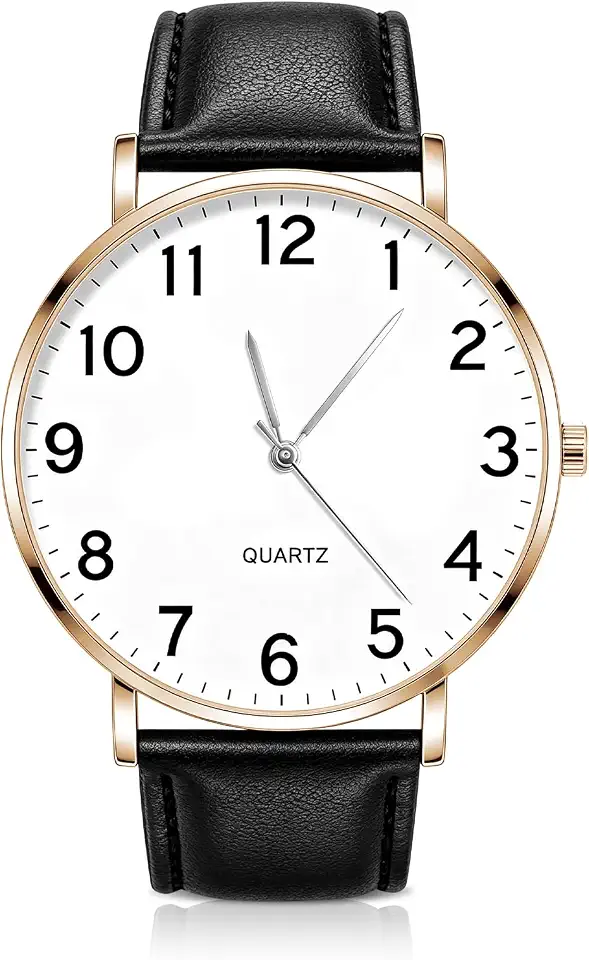 Men's Black Analog Watch - Leather Strap,3 Hand,Small Watch with White Dial, Minimalist Fashion Quartz Wrist Watches for Men.