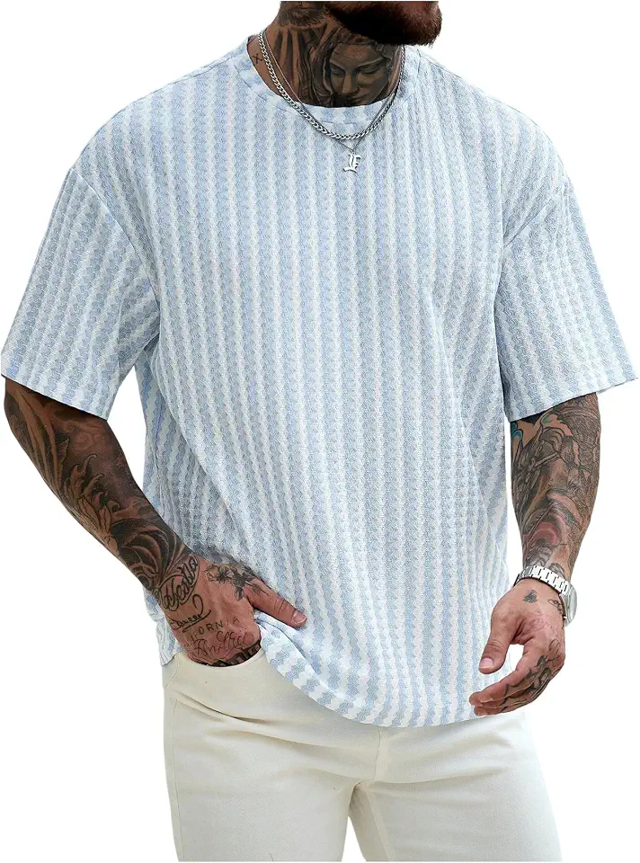 Men's Striped Baggy T Shirts Knitted Short Sleeve Crewneck Casual Summer Beach Vacation Tee Tops Resort Wear