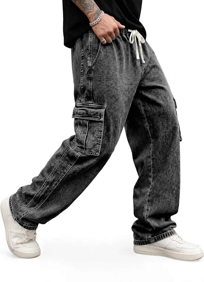 JMIERR Men's Stretch Cargo Jeans Loose Straight | Over 60% Cotton Blend, Stretch Denim, Drawstring Waist, 5-Pocket Design, Loose Straight Fit, Casual Workwear Jeans