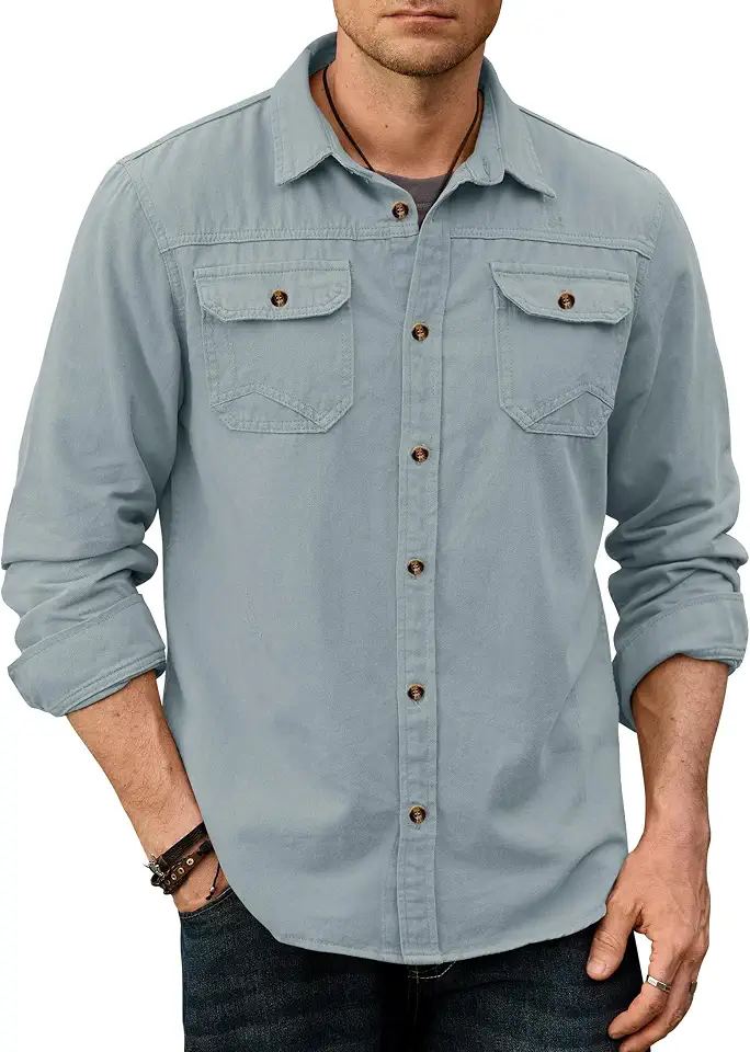 VOGSTART Mens Work Button Shirts Cotton Cargo Overshirt with Flap Pockets