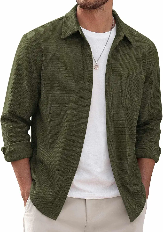 Global Recycled Standard COOFANDY Men's Waffle Shirt Jacket Casual Overshirt Long Sleeve Lightweight Textured Shacket with Pocket