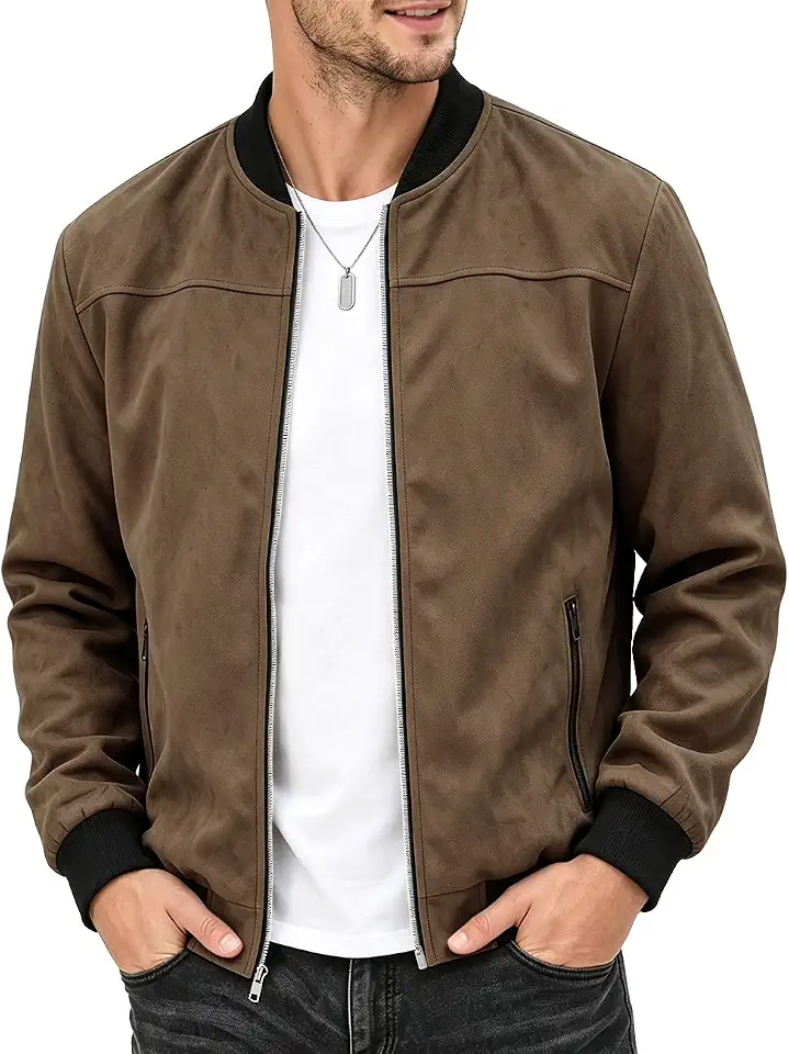 Men's Jacket Faux Suede Varsity Bomber Full Zip Casual Outerwear