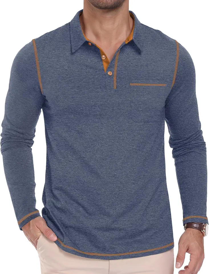 PEGENO Men's Long Sleeve Polo Shirts Casual 3 Buttons Collared Golf Shirts