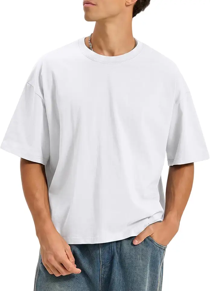 Men's Cropped White Crewneck T Shirt