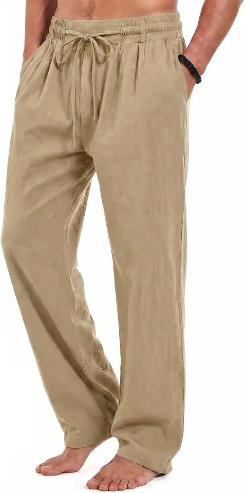 Men's Lightweight Cotton Linen Pants, Loose Fit Straight-Leg, Elastic Drawstring Waist with Deep Pockets