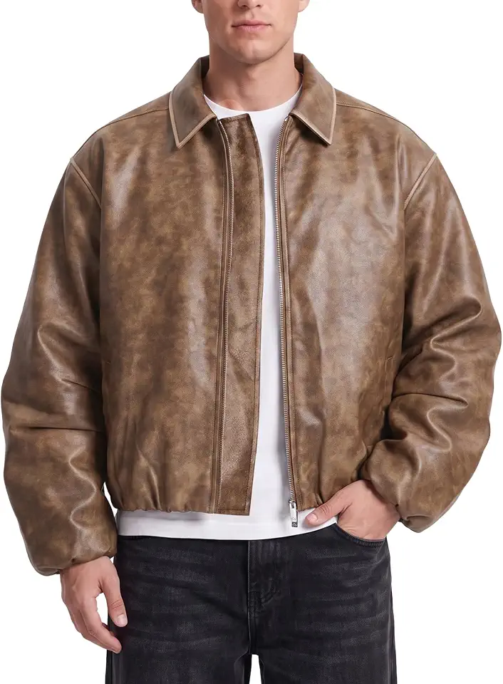 Men's Brown Distressed Leather Bomber Jacket