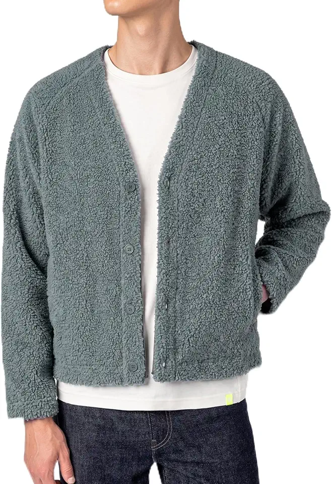 Men's Two-Tone Sherpa Fleece Button Up Cardigan with Pockets