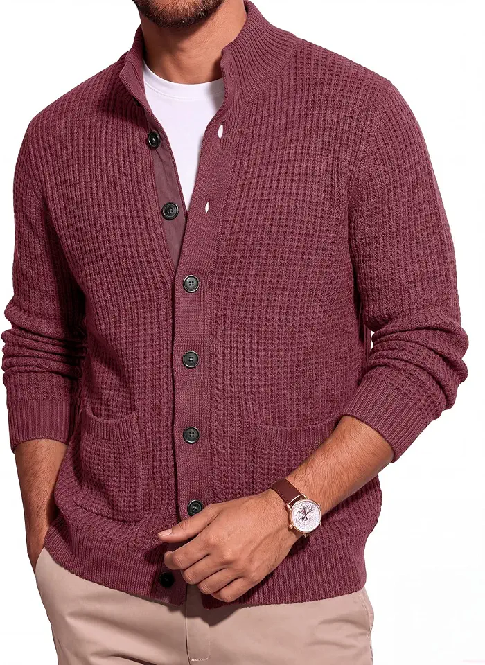 Men's Burgundy Tipped Button Cardigan Polo