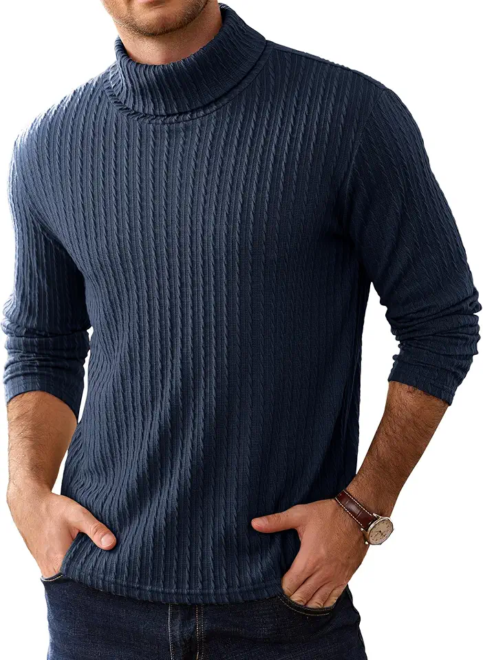Comdecevis Men's Lightweight Turtleneck Sweater Textured Knit Pullover
