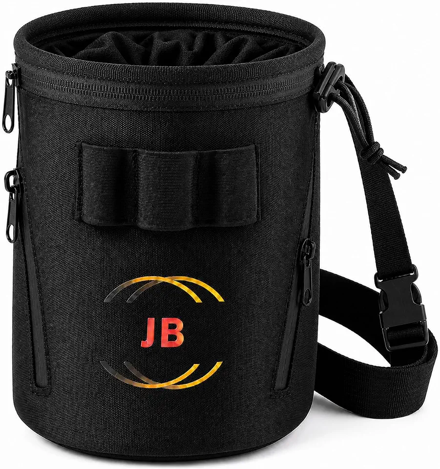 J B Climbing Chalk Bag with 3 Zipper Pockets - 900D Polyester Waterproof Bag, Drawstring Closure, Adjustable Waist Belt - Rock Climbing & Bouldering Chalk Pouch for Indoor and Outdoor Climbing