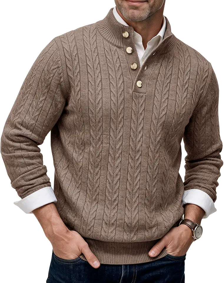 Runcati Mens Cable Knit Pullover Sweater Casual Stand Collar Button Tops