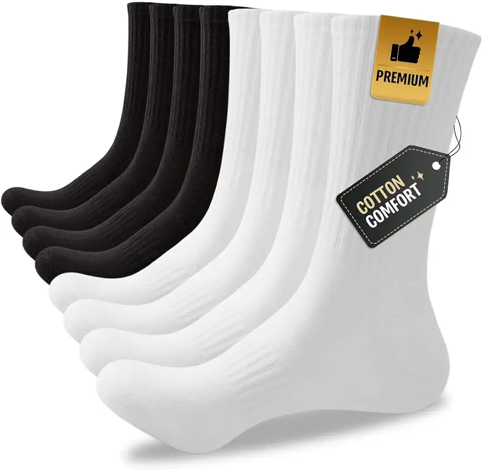Mens Crew Socks Cotton Athletic Running Gym Workout Long Socks 4 Pairs