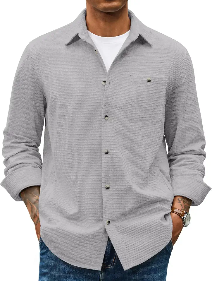 Global Recycled Standard COOFANDY Men's Waffle Button Down Shirt Casual Long Sleeve Corduroy Shirts
