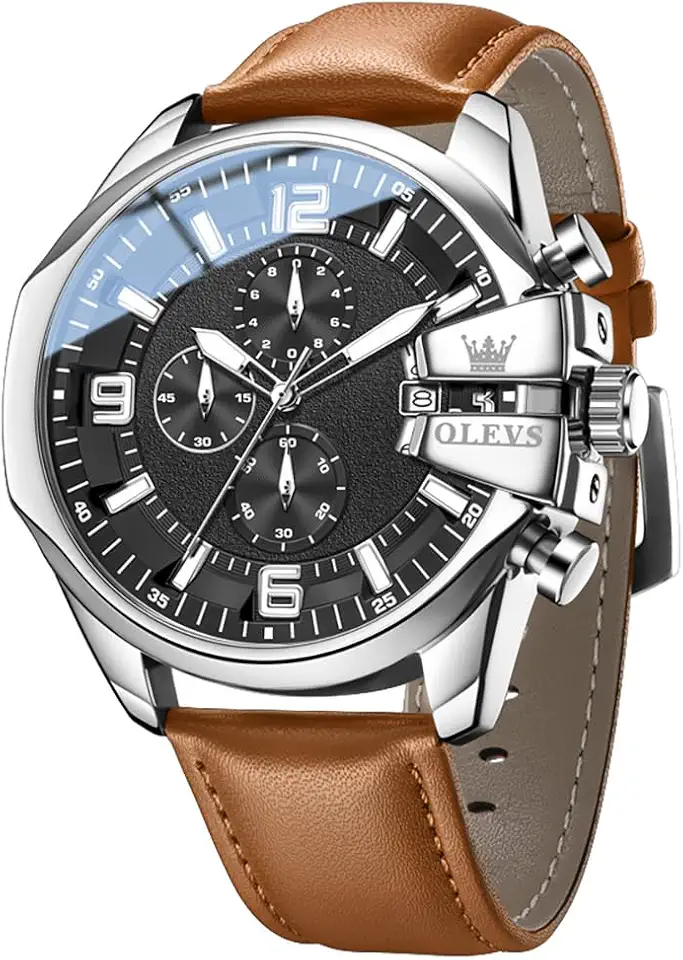 OLEVS Men's 47mm Big Face Quartz Chronograph Watch with Leather Strap