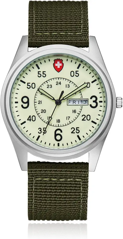 Men’s Military Field Quartz Watch, Luminous Dial Canvas Nylon Strap Analog Wrist Watch with Day Date Display, 3ATM Waterproof Tactical Sports Casual Watch for Men