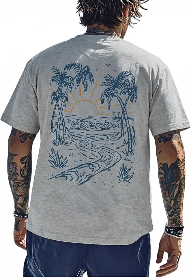 Men's Graphic T-Shirt Beach Sunset Tropical Printed Short Sleeve Crewneck Tee Casual Summer Surf Retro Tops