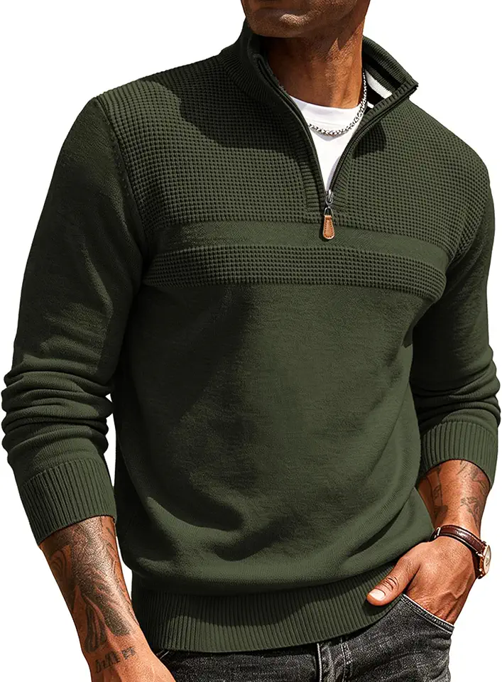 Gracyoga Mens Quarter Zip Pullover Sweaters Texture Mock Neck Polo Sweater