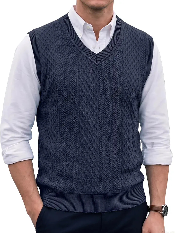 Men's Sweater Vest V Neck Sleeveless Jacquard Knit Pullover