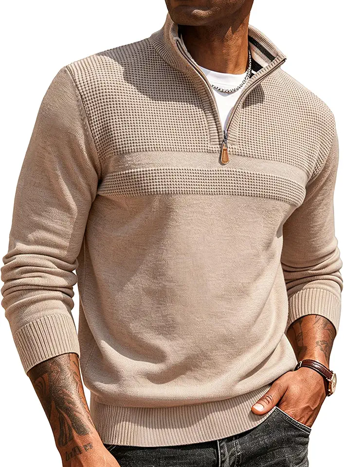 Gracyoga Mens Quarter Zip Pullover Sweaters Texture Mock Neck Polo Sweater