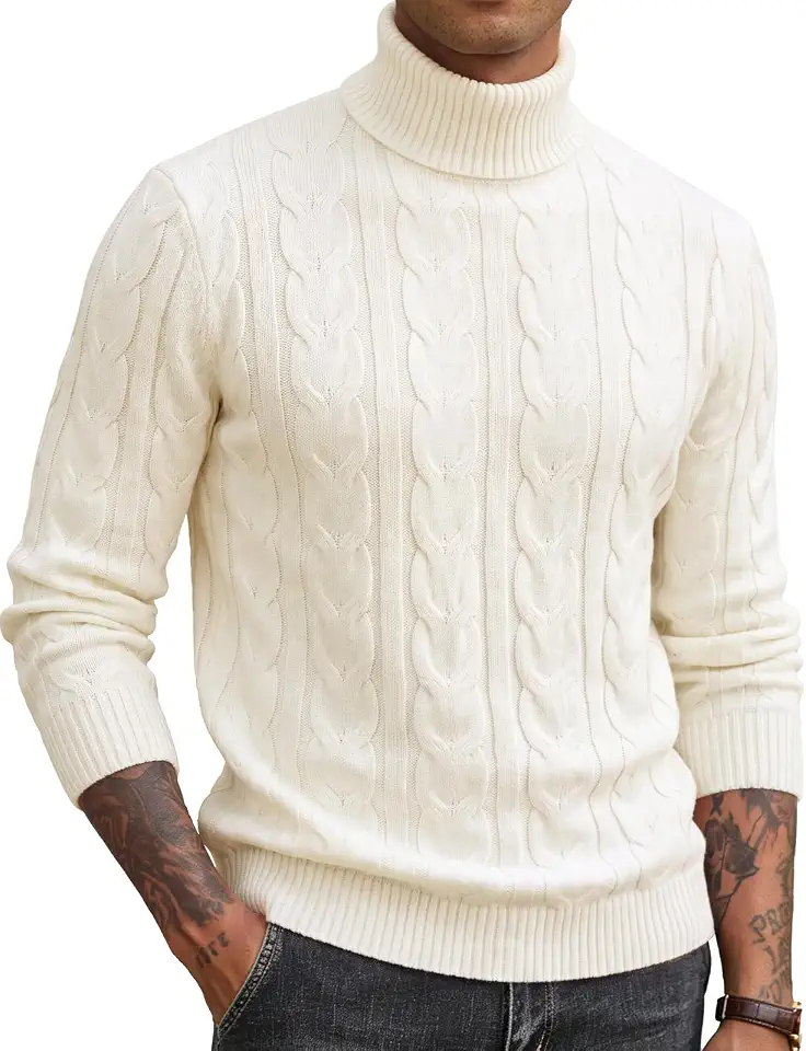 Gracyoga Mens Turtleneck Sweater Cable Knit Casual Twist Textured Pullover