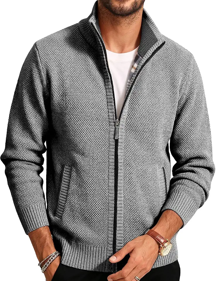 Men's Full Zip Sweater Stand Collar Casual Knit Cardigan Jacket
