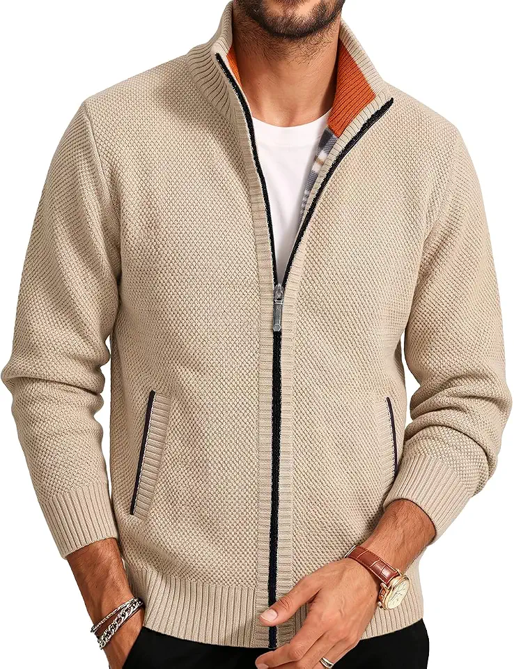 Men's Full Zip Sweater Stand Collar Casual Knit Cardigan Jacket