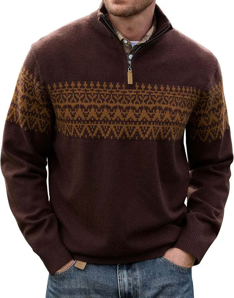 Herberton Men Fair Isle Quarter Zip Sweater Long Sleeve Mock Neck Pullover