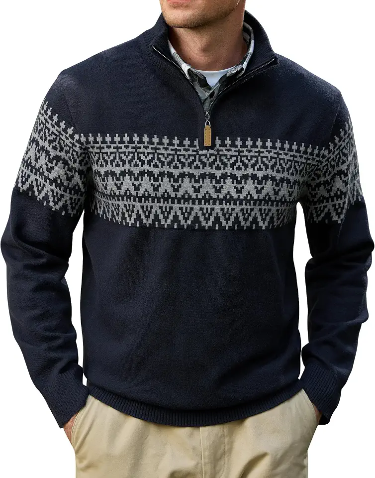 Herberton Men Fair Isle Quarter Zip Sweater Long Sleeve Mock Neck Pullover