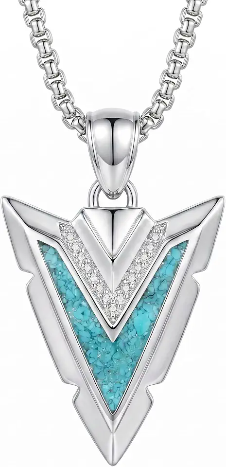 Viking Arrowhead Necklace for Men 925 Sterling Silver Eagle Turquoise Crushed Stone Inlay Pendant Box Chain Norse Tribal Boho Jewelry
