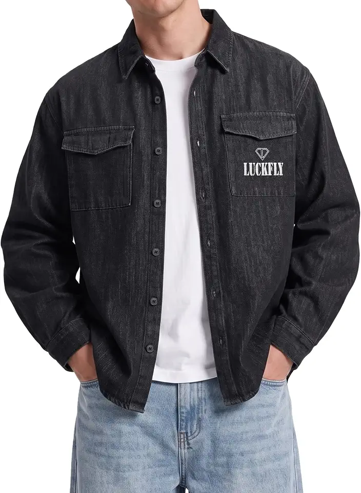 Men's Washed Denim Shirt Long Sleeve Button Down Work Overshirt