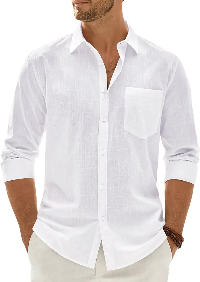 Mens Cotton Linen Texture Long Sleeve Summer Beach Button Down Shirt