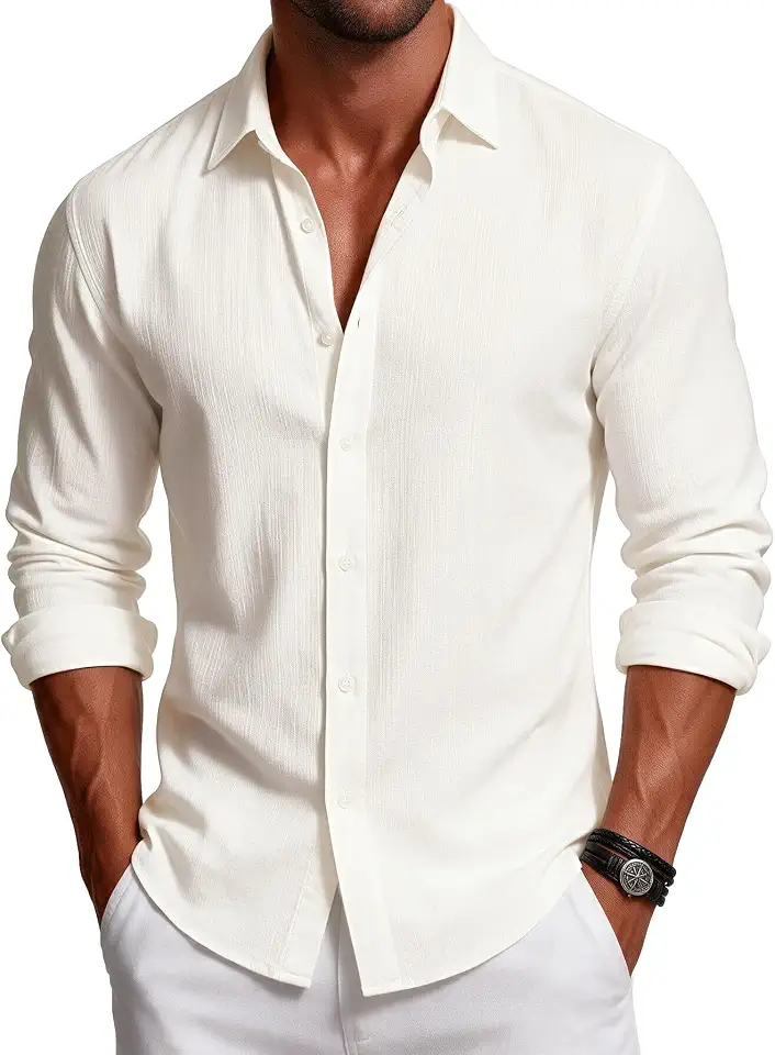 Damipow Mens Button Down Linen Shirts Long Sleeve Casual Dress Shirt