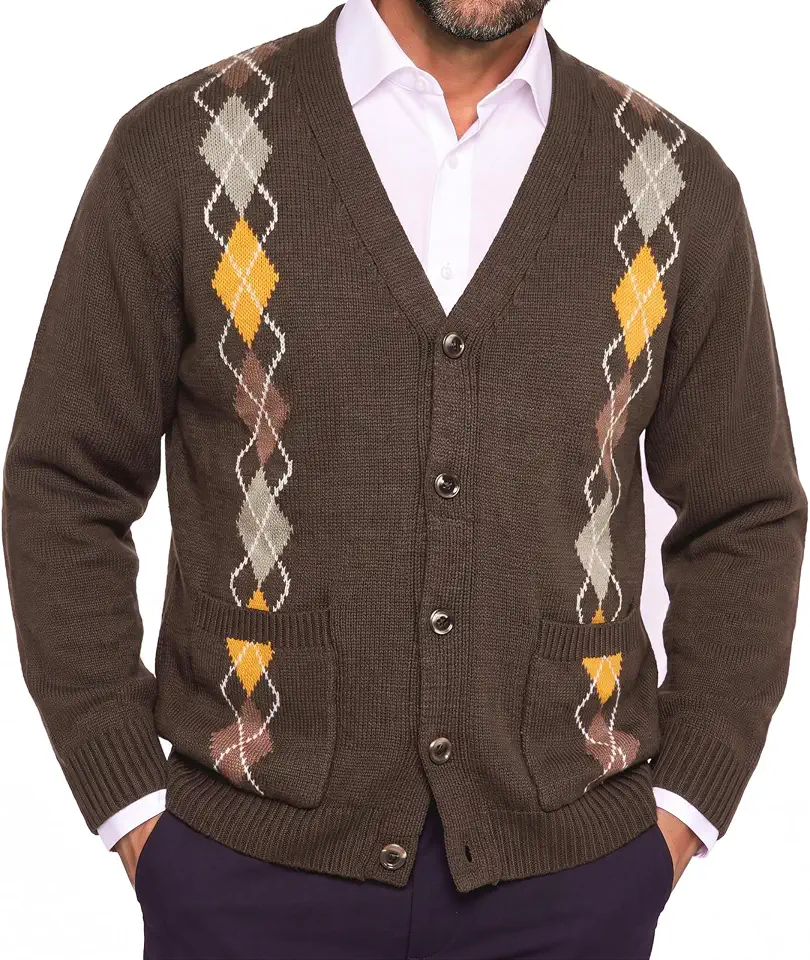 Runcati Mens Cardigan Sweater Argyle V Neck Button Down Knitted Sweaters
