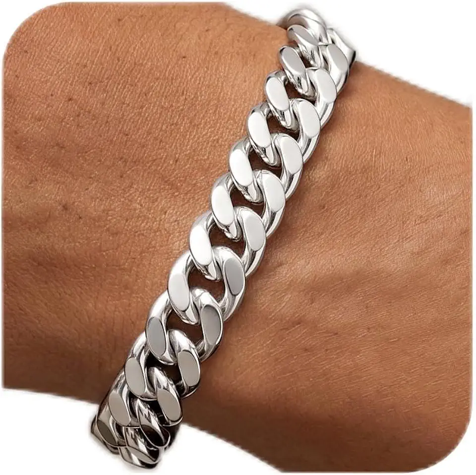 S925 Sterling Silver Chain for Men, 12MM Cuban Link Chain Bracelets