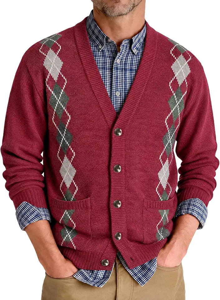 Runcati Mens Cardigan Sweater Argyle V Neck Button Down Knitted Sweaters