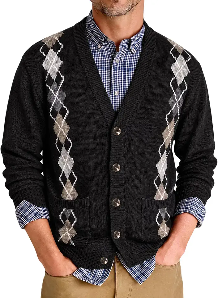 Runcati Mens Cardigan Sweater Argyle V Neck Button Down Knitted Sweaters