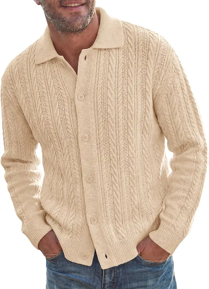 Runcati Mens Cable Knit Cardigan Sweater Button Down Casual Polo Sweaters