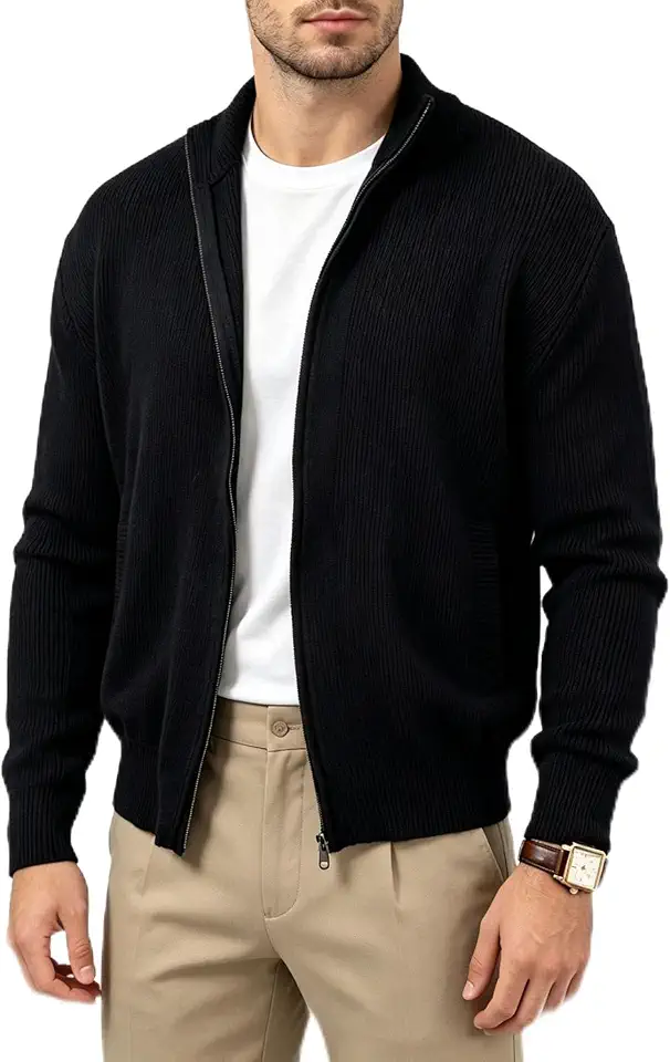 Men’s Stand Collar Full Zip Knit Cardigan, Slim Fit Long Sleeve Zip Up Sweater with 2 Front Pockets