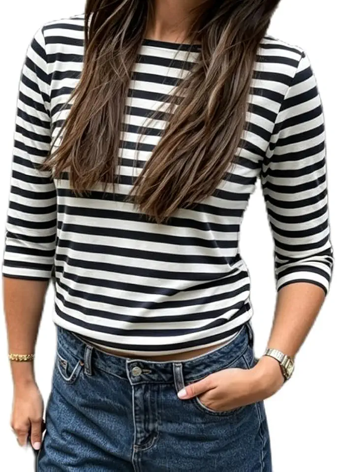 Women's 3/4 Sleeve Striped Boat Neck T Shirts Classic French Breton Stripe Casual Tee