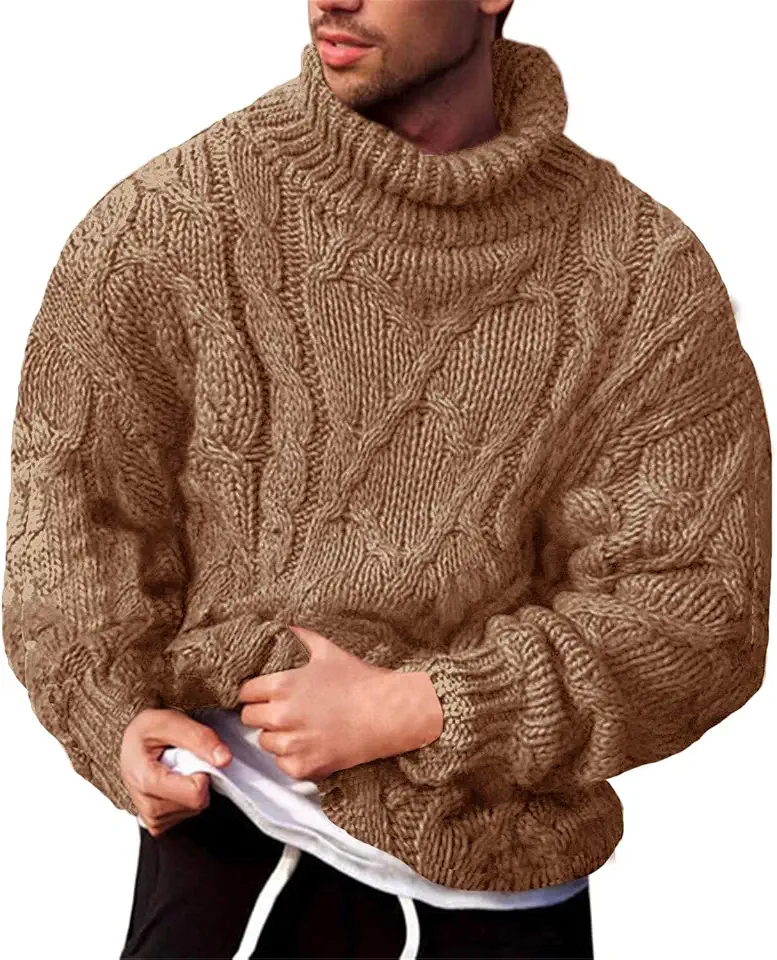 Runcati Mens Cable Knit Sweater Turtleneck Casual Chunky Pullover Jumper