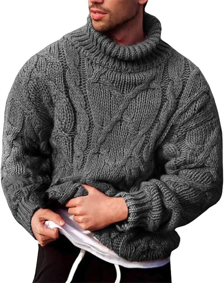 Runcati Mens Cable Knit Sweater Turtleneck Casual Chunky Pullover Jumper