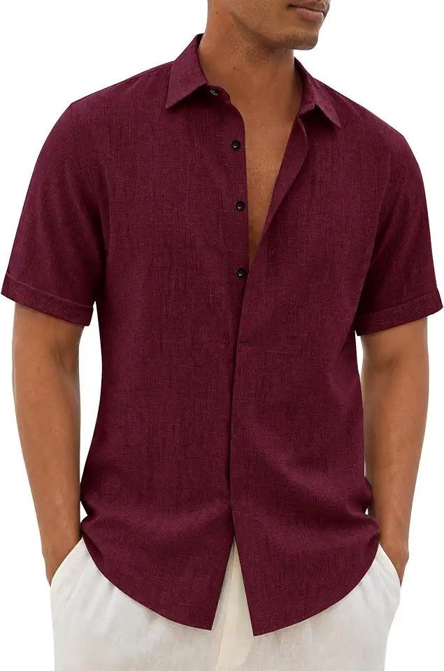 Mens Linen Shirt Short Sleeve Button Down Shirts Casual Summer Tops
