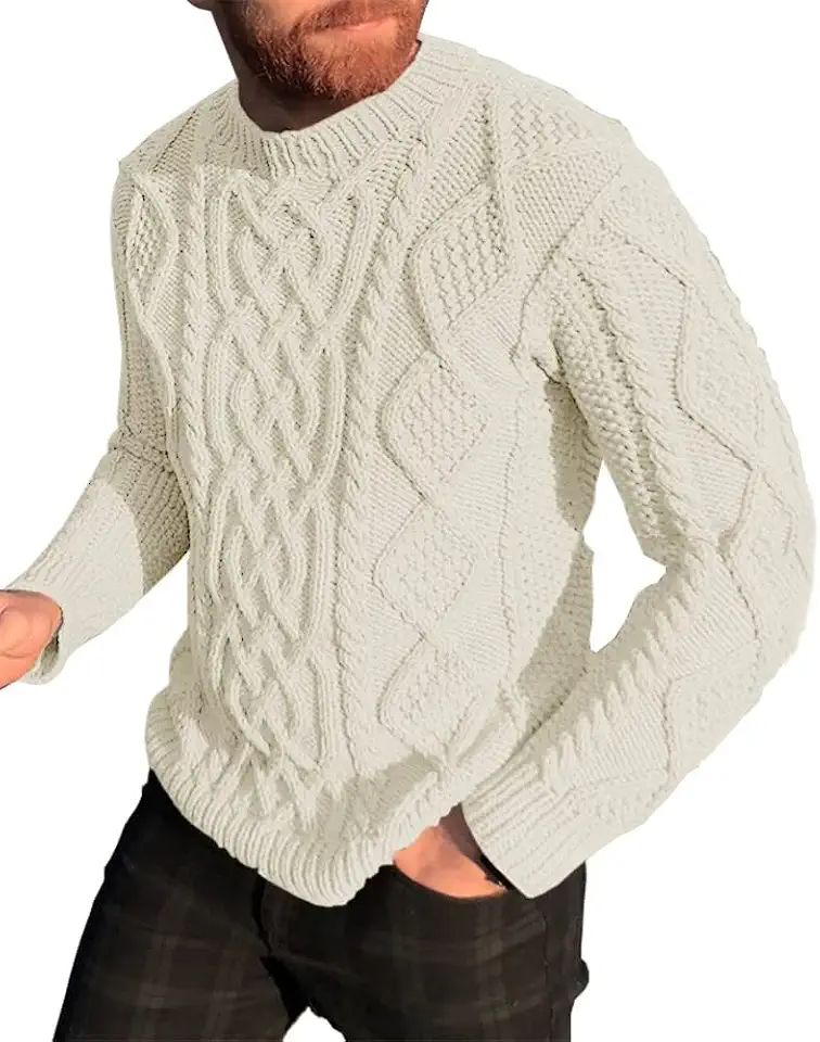 Runcati Mens Cable Knit Pullover Sweater Casual Slim Fit Crewneck Sweaters