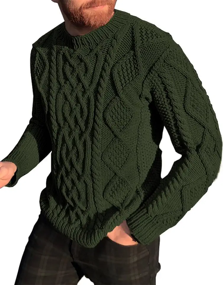 Runcati Mens Cable Knit Pullover Sweater Casual Slim Fit Crewneck Sweaters