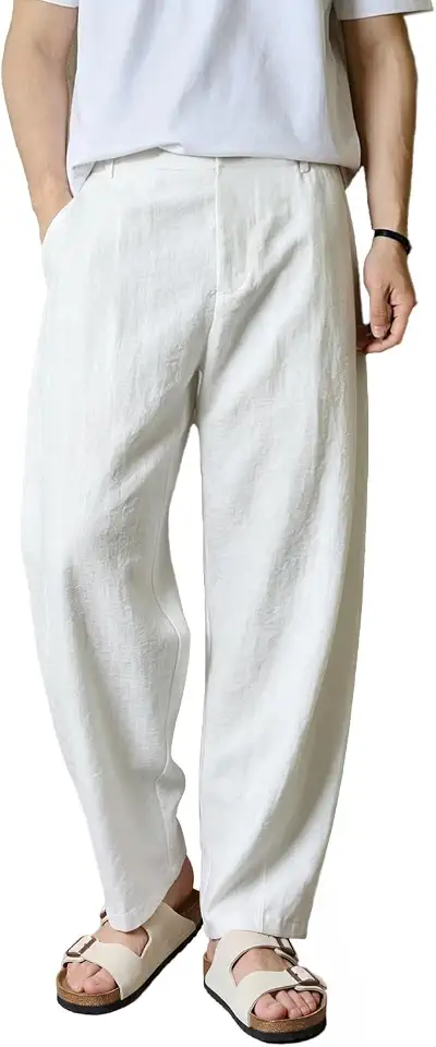 Heyfanee Linen Pants Men Casual Summer Beach Pleated Trousers Loose Fit