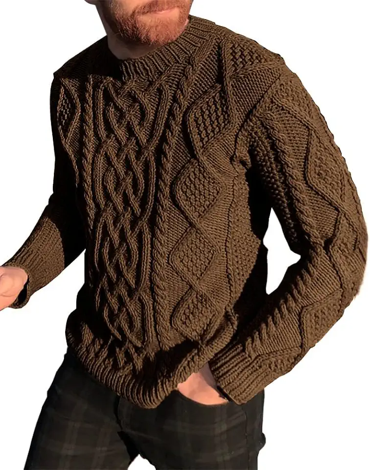 Runcati Mens Cable Knit Pullover Sweater Casual Slim Fit Crewneck Sweaters