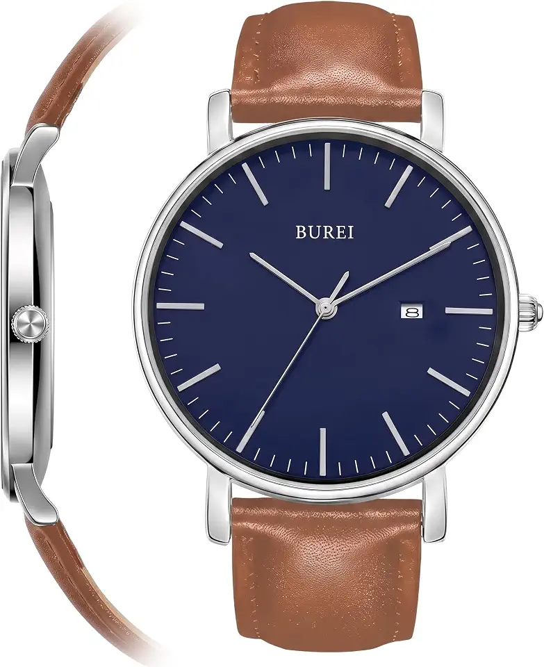 BUREI Ultra Thin Minimalist Men Watches, Leather or Stainless Steel Mesh Band, Analog Waterproof Casual Business Wristwatch, Gift for Father