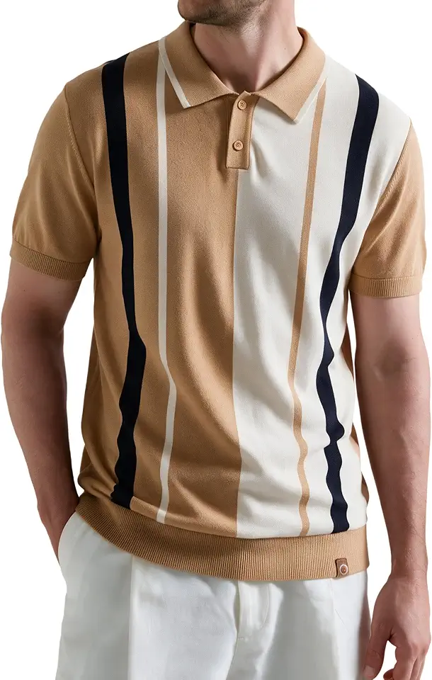 DREVIN Short Sleeve Polo Shirt Vertical Striped Fitted Summer Leisure